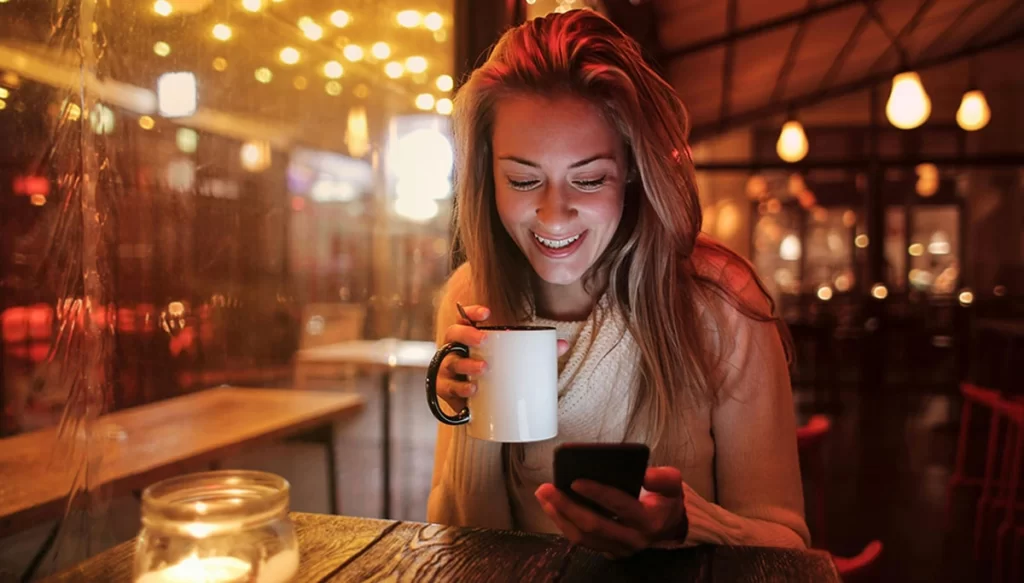 Woman smiling as she looks at her phone
