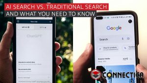 side by side comparison of chat gpt on one phone and google search on the other